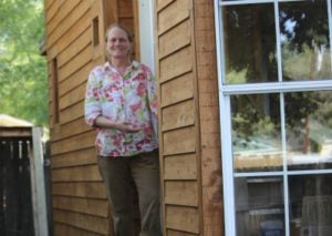 Marie Cardin outside her 'tiny house'
