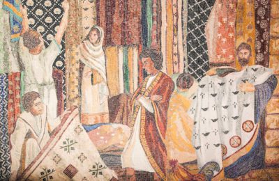 A mosaic in the exhibition depicts an ancient fabric shop. (Andrew McIntire/TPS)