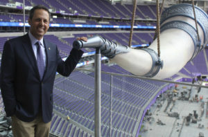 Mark Wilf, a co-owner of the Minnesota Vikings, at the team's gigantic Nordic horn in its new $1.1 billion stadium. (Hillel Kuttler)