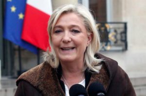 French National Front leader Marine Le Pen talking to the media two days after the Charlie Hebdo attacks in 2015. (Thierry Chesnot/Getty)