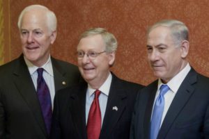 L-r: Sen. John Cornyn (R-Texas), Sen. Mitch McConnell (R-Ky.) and Benjamin Netanyahu at the US Capitol in Washington, DC, March 3, 2015. (Andrew Harrer/Bloomberg/Getty Images)
