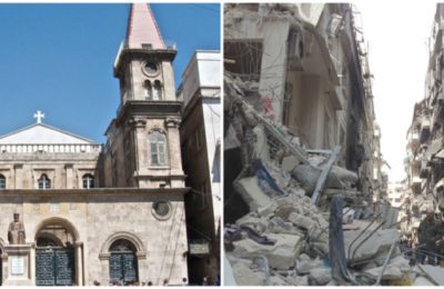 A Maronite church in Aleppo before the civil war, left; damage to Aleppo's Christian quarter in January, 2016.