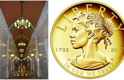 Mint's majestic foyer, l, and the new Liberty coin struck in honor of the Mint's 225th anniversary.