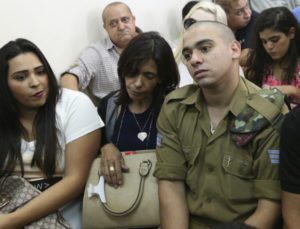 Elon Azaria pictured during an earlier phase in his trial in Jaffa military court, Aug. 28, 2016. (Hillel Maeir/TPS)