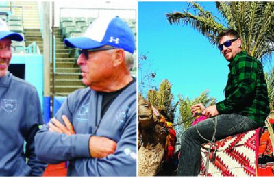 Left: Team Israel Manager Jerry Weinstein, r, chats with Peter Kurz. Right: Team Israel catch Ryan Lavarnway on a team tour to Israel last month.