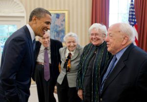Barack Obama greets recipients of the 2010 Fermi Award, 2012. Mildred Dresselhaus is second from left among the recipients. (Pete Souza)