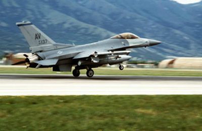 A US Air Force F-16C aircraft returning from a strike in the Republika Srpska in the Bosnian War, 1995.