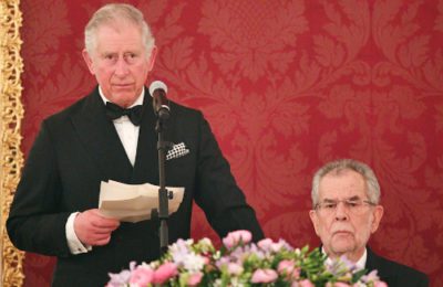 Charles, Prince of Wales, speaking at the Hofburg Palace in Vienna, with President Alexander Van der Bellen at right, 2017. (Tim Rooke/Getty)