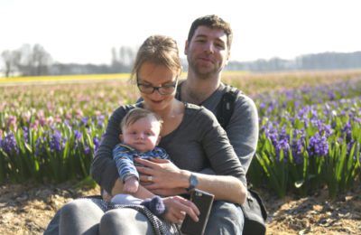 Cnaan Liphshiz, his wife and eldest son in a tulip field near Amsterdam, 2016.
