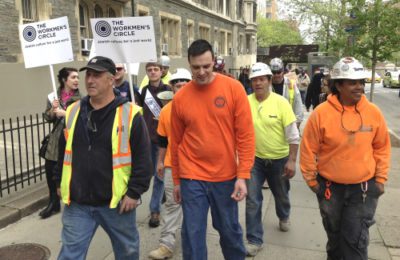 Marchers protesting labor arrangements at JTS' construction site in New York City, May 1. (Ben Sales)