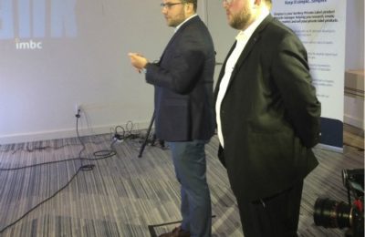 Eli Pasternak, front, and his partner making their pitch on BizTank.