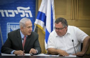 Benjamin Netanyahu with MK David Bitan, June 12, 2017. (Yonatan Sindel/Flash90)
