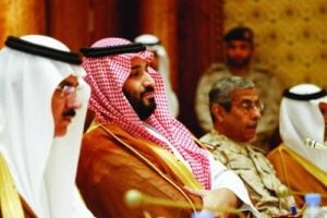 Saudi Arabia's Defense Minister Mohammed bin Salman, center, at a meeting with US Defense Secretary James Mattis on April 19, 2017 in Riyadh. (Jonathan Ernst/Getty)