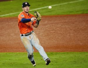 Astro Alex Bregman in action against the LAD Didgers during game seven of the 2017 World Series. (Kevork Djansezian/Getty)