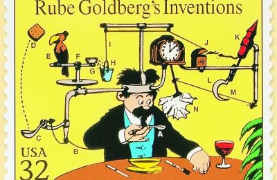An iconic Rube Goldberg cartoon used on a US postal stamp.