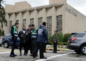 A Jewish emergency crew and police officers at the site of the mass shooting at the Tree Of Life Synagogue on Oct. 28, 2018 in Pittsburgh. (Jeff Swensen/Getty)