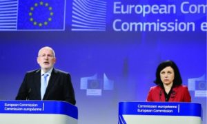 EU officials Frans Timmermans and Vera Jourova at the news conference about the anti-Semitism survey results, Dec. 10, 2018. (John Thys/AFP/Getty)
