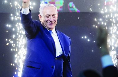 Prime Minster Benjamin Netanyahu at a victory speech, April 10, 2019. (Amir Levy/Getty)