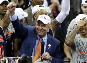 Bruce Pearl of the Auburn Tigers celebrates with his team after defeating the Kentucky Wildcats 77-71 in the 2019 NCAA tournament.(Christian Petersen/Getty)