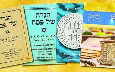 A collage of Maxwell House haggadahs.