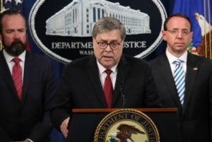 US Attorney General William Barr speaks about the release of the Mueller report, April 18, 2019. US Deputy Attorney General Rod Rosenstein, r, and US Acting Principal Associate Deputy Attorney General Ed O’Callaghan look on. (Win McNamee/Getty)