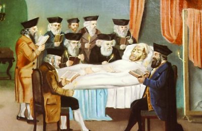 Members of a chevra kadisha comfort a dying man. (Jewish Museum of Prague)