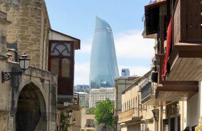 Baku's Flame Towers seen from its Old City (Ron Li-Paz)