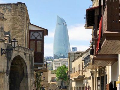 Baku's Flame Towers seen from its Old City (Ron Li-Paz)