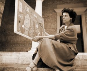 Peggy Guggenheim at the 24th Venice Biennale in 1948 with 'Interior,' a work by her daughter Pegeen Vail. (Solomon R. Guggenheim Foundation/Archivio Cameraphoto Epoche)