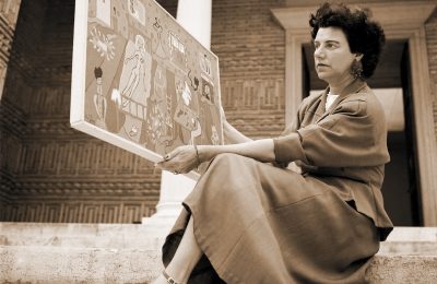 Peggy Guggenheim at the 24th Venice Biennale in 1948 with 'Interior,' a work by her daughter Pegeen Vail. (Solomon R. Guggenheim Foundation/Archivio Cameraphoto Epoche)