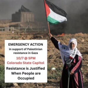 The Instagram post announcing the anti-Israel rally at the Colorado State Capitol, Oct. 7, 2023, as the Hamas massacre was taking place.