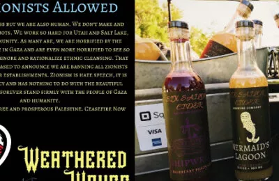 Social media posts from Six Sailor Cider and Weathered Waves Bar in Salt Lake City, Utah, including one in which the business says it is "banning all Zionists forever from our establishments," posted March 4, 2024. (Screenshots via Instagram and Pinterest)