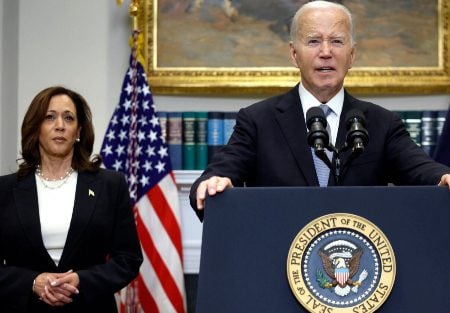 President Joe Biden, joined by Vice President Kamala Harris, delivers remarks on the assassination attempt on former President Donald Trump at the White House on July 14, 2024 in Washington, DC. (Kevin Dietsch/Getty Images)