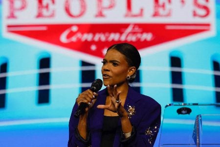 Candace Owens, conservative political commentator, speaks at a Turning Point event on June 14, 2024 in Detroit, Mich. (Jeff Kowalsky/AFP via Getty Images)
