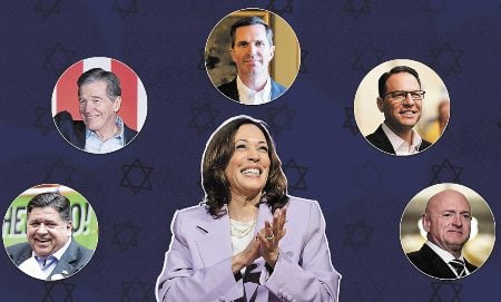 (L-r) Illinois Gov. J. B. Pritzker, North Carolina Gov. Roy Cooper, Kentucky Gov. Andy Beshear, Pennsylvania Gov. Josh Shapiro and Arizona Sen. Mark Kelly are current frontrunners to join Vice President Kamala Harris' 2024 ticket for the Democrats. (Grace Yagel/70 Faces Media)