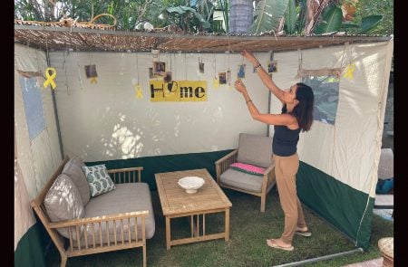 Yael Aisenthal-Kordevani decorated her sukkah in the city of Modi’in with symbols of the year since Hamas’ Oct. 7 attack on Israel, Oct. 15, 2024.
(Courtesy)