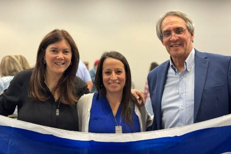StandWithUs founders and directors Roz and Jerry Rothstein, with Miri Kornfeld (middle), SWU Colorado director, in Denver, Sept. 23, 2024. (Courtesy)