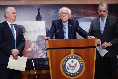 Sen. Bernie Sanders, joined by fellow Democratic senators Chris Van Hollen, left, and Jeff Merkley, speaks at a news conference on restricting arms sales to Israel at the US Capitol, Nov. 19, 2024 in Washington, DC. (Kevin Dietsch/Getty Images via JNS)
