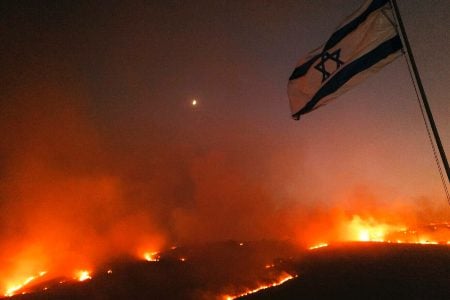 Wildfires following a missile attack by Hezbollah in Lebanon, near Korazim and the Sea of Galilee on Oct. 9, 2024. (Michael Giladi/Flash90)