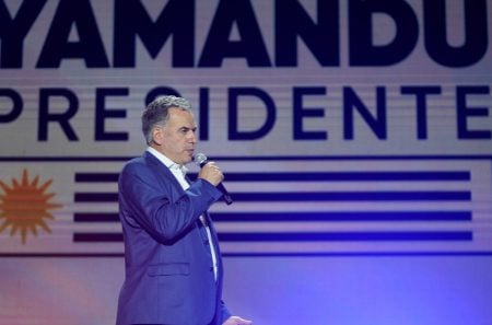 Yamandu Orsi of the left-wing coalition Broad Front delivers a speech after winning the presidential election in Montevideo, Uruguay, Nov. 24, 2024. (Nicolas Celaya/Xinhua via Getty Images)