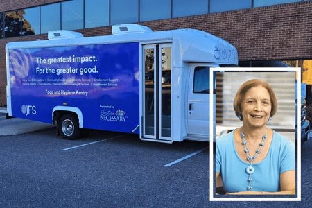 The largest portion of JFS’ program budget goes to community resources such as the mobile food pantry says CEO Linda Foster (inset).