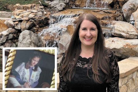 Alan Goldberg at her Bat Mitzvah (inset), and today