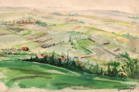 ‘View of Buchenwald,’ by Polish painter and Holocaust survivor Jakob Cymberknopf. He painted this shortly after liberation.