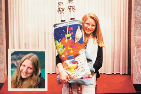 Katherine Podolak at her Bat Mitzvah, and today (inset)
