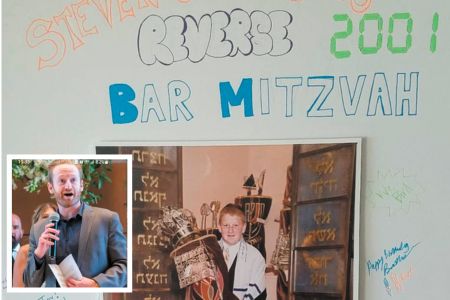 A poster for guests to sign at Steven Solomon’s Bar Mitzvah, and today (inset)