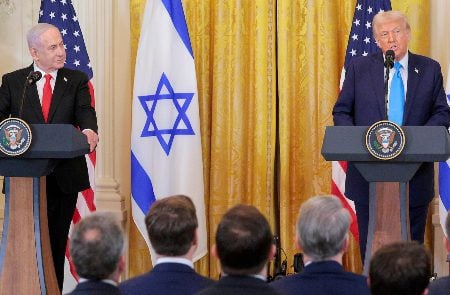 Israeli Prime Minister Benjamin Netanyahu and US President Donald Trump speak during a joint press conference in the East Room of the White House on Feb. 4, 2025, in Washington, DC. (Chip Somodevilla/Getty Images)