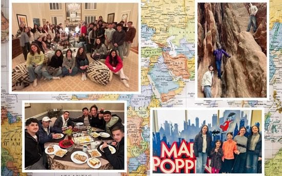 Clockwise from top left: Around 50 teens from across the globe joined a Super Bowl party at the home of Goldie and Joel Cohen; Daniel Siegel and his Argentine guests scrambled at the Garden of the Gods; the Levy children and their Mexican at a local production of ‘Mary Poppins’; Israeli guests enjoy Cindy Noam’s American breakfast.