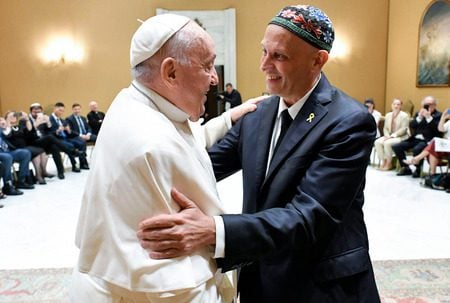 Pope Francis with his Argentine friend Rabbi Sergio Bergman, to whose book the Pope (then Jorge Mario Bergoglio) wrote a forward, May 15, 2024.(Vatican Media via Vatican Pool/Getty Images)