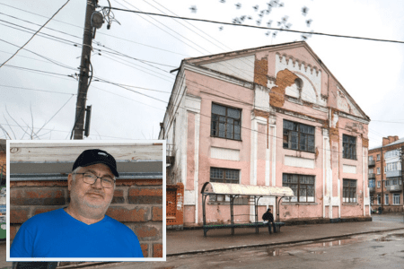 The Berdychiv synagogue, also a Jewish shelter, is badly in need of repair — but no sponsor has come forth. Volunteer Hennadiy Kysliuk (inset) sees no future, but he’s not giving up. (Getty Images via JTA)