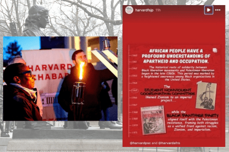 A tale of two Harvards: Then Harvard President Claudine Gay attends a Chanukah menorah lighting ceremony, Dec. 13, 2023 (left); a February, 2024 Instagram repost by Harvard Faculty and Staff for Justice in Palestine, since deleted, showing a cartoon with anti-Semitic imagery (right). (Getty Images via JTA)